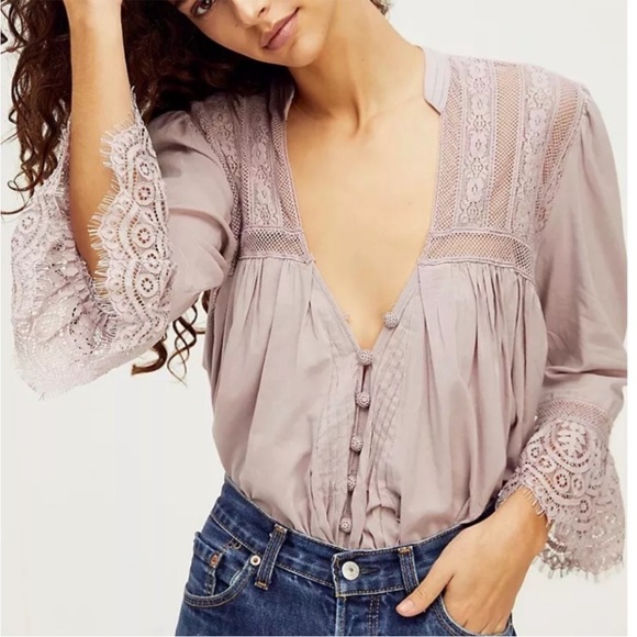 Free People Tops - Free People Esme Lace Trim Blouse muted dusty mauve pink EUC medium